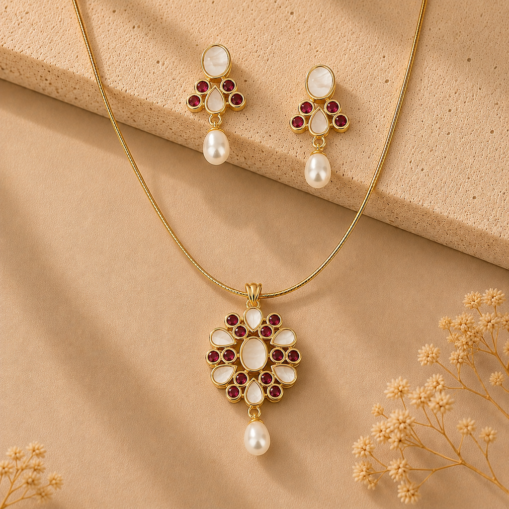 Sovereign Freshwater Pearl with Red Stone Earrings & Pendant Set in Gold | Pearl Jewellery Set | Krishna Pearls & Jewellers