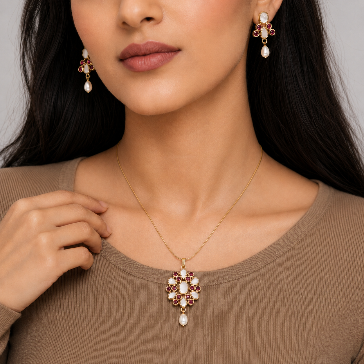 Sovereign Freshwater Pearl with Red Stone Earrings & Pendant Set in Gold | Pearl Jewellery Set | Krishna Pearls & Jewellers