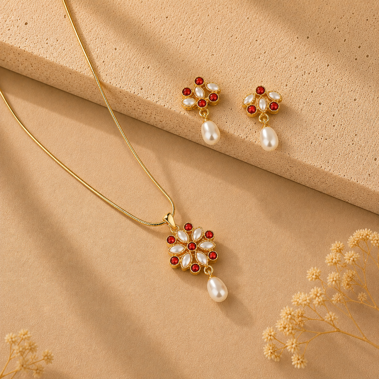 Pinnacle Freshwater Pearl with Red Stone Earrings & Pendant Set in Gold | Pearl Jewellery Set | Krishna Pearls & Jewellers
