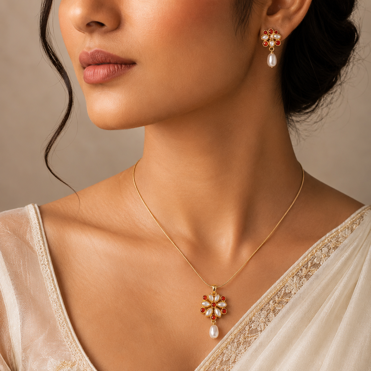 Pinnacle Freshwater Pearl with Red Stone Earrings & Pendant Set in Gold | Pearl Jewellery Set | Krishna Pearls & Jewellers