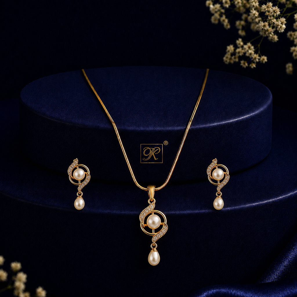 Exquisite Freshwater Pearl & CZ Earrings & Pendant Set in Gold | Pearl Jewellery Set | Krishna Pearls & Jewellers