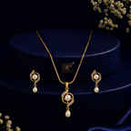 Exquisite Freshwater Pearl & CZ Earrings & Pendant Set in Gold | Pearl Jewellery Set | Krishna Pearls & Jewellers