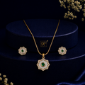 Prestige Freshwater Pearl with CZ & Green Stone Earrings & Pendant Set in Gold | Pearl Jewellery Set | Krishna Pearls & Jewellers
