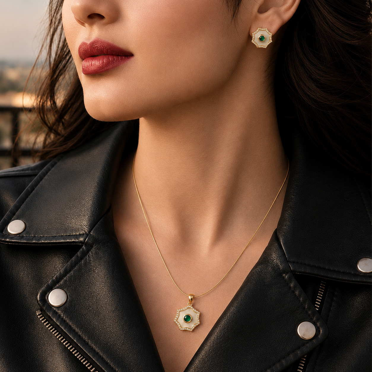Prestige Freshwater Pearl with CZ & Green Stone Earrings & Pendant Set in Gold | Pearl Jewellery Set | Krishna Pearls & Jewellers