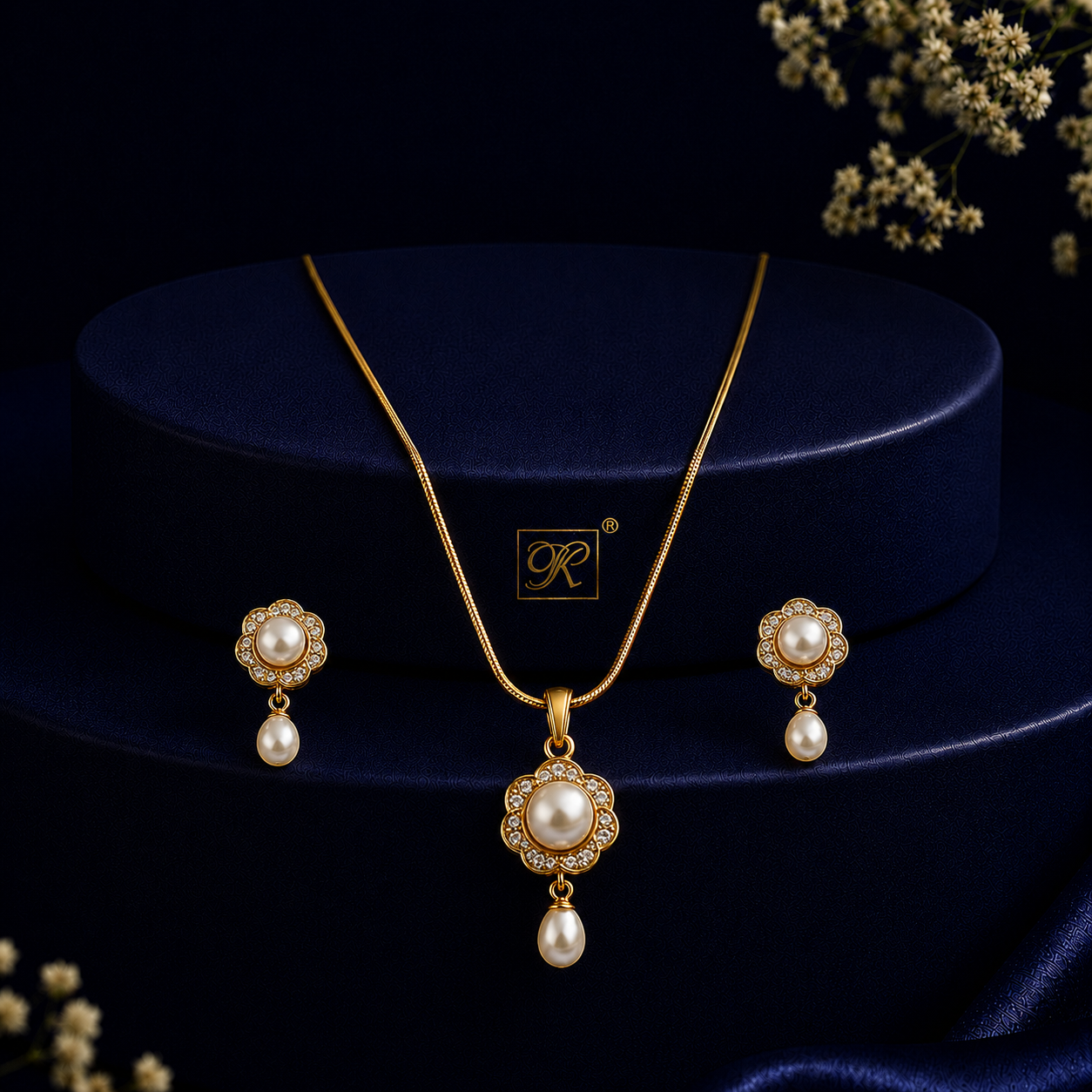 Grand Freshwater Pearl & CZ Earrings & Pendant Set in Gold — Style ATP-183 | Pearl Jewellery Set | Krishna Pearls & Jewellers