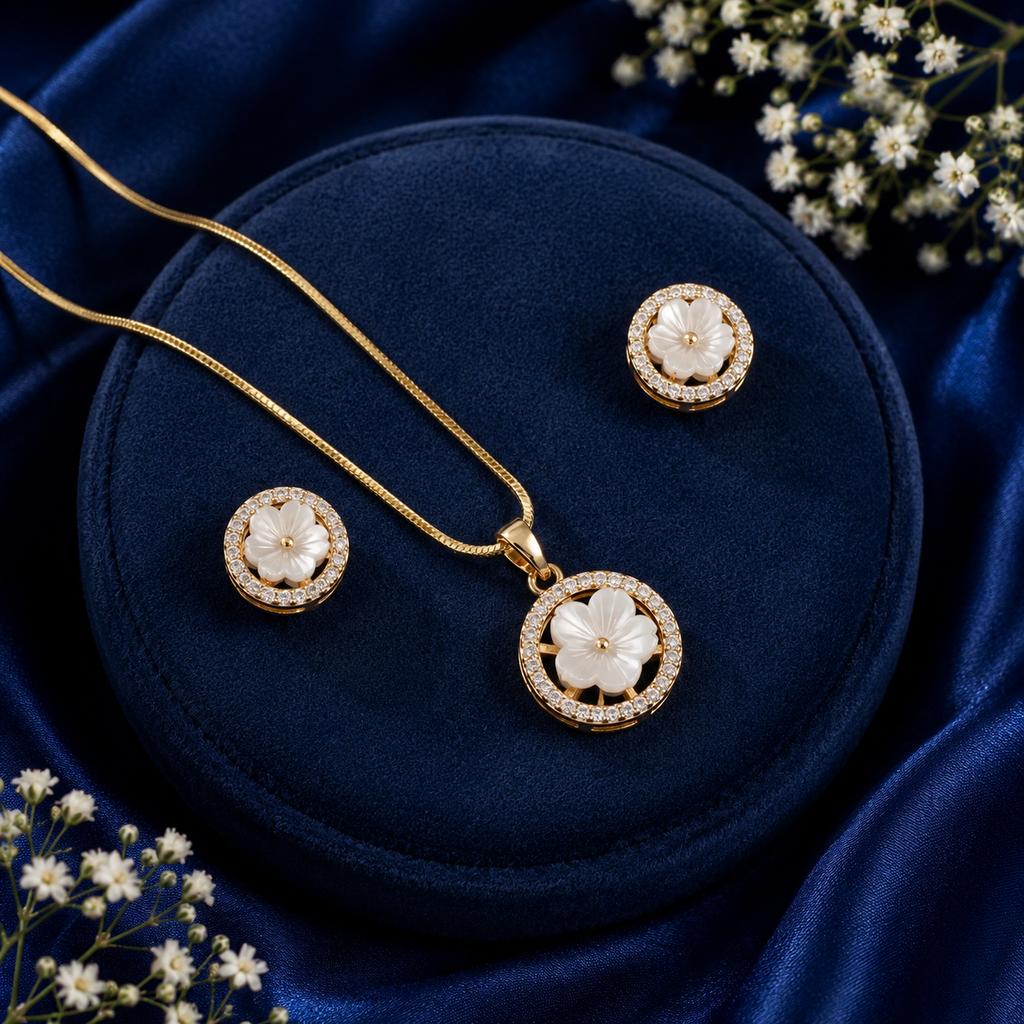 Imperial Freshwater Pearl & CZ Earrings & Pendant Set in Gold | Pearl Jewellery Set | Krishna Pearls & Jewellers