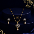 Majestic Freshwater Pearl & CZ Earrings & Pendant Set in Gold | Pearl Jewellery Set | Krishna Pearls & Jewellers