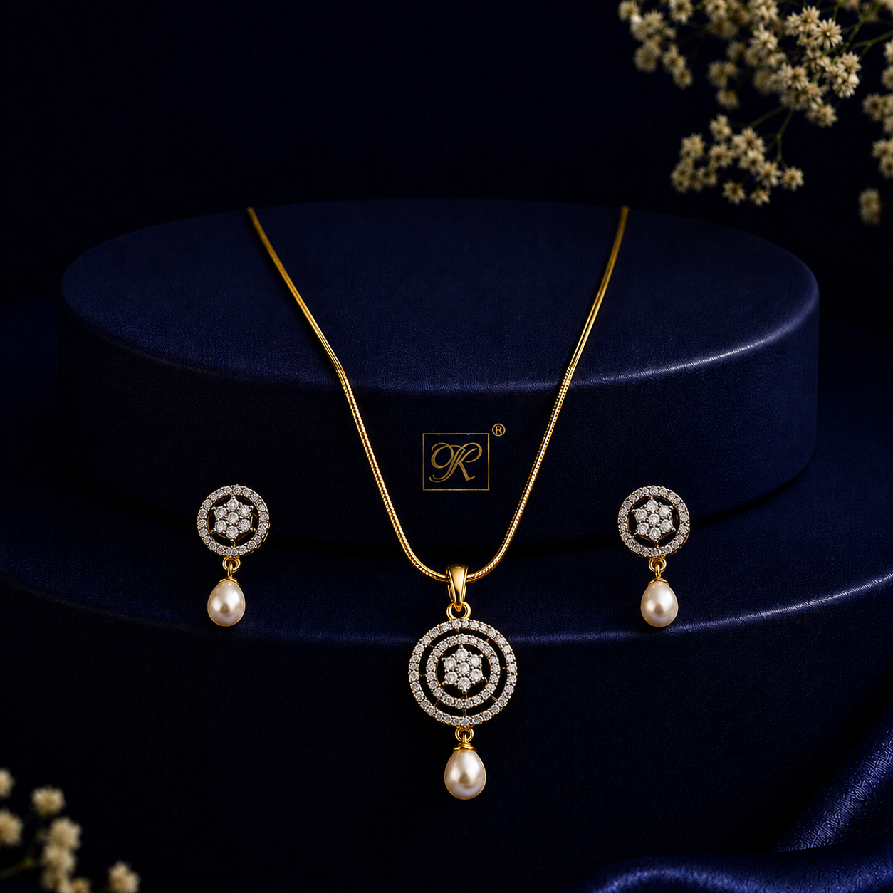 Majestic Freshwater Pearl & CZ Earrings & Pendant Set in Gold | Pearl Jewellery Set | Krishna Pearls & Jewellers