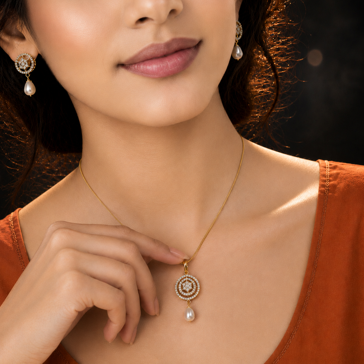 Majestic Freshwater Pearl & CZ Earrings & Pendant Set in Gold | Pearl Jewellery Set | Krishna Pearls & Jewellers