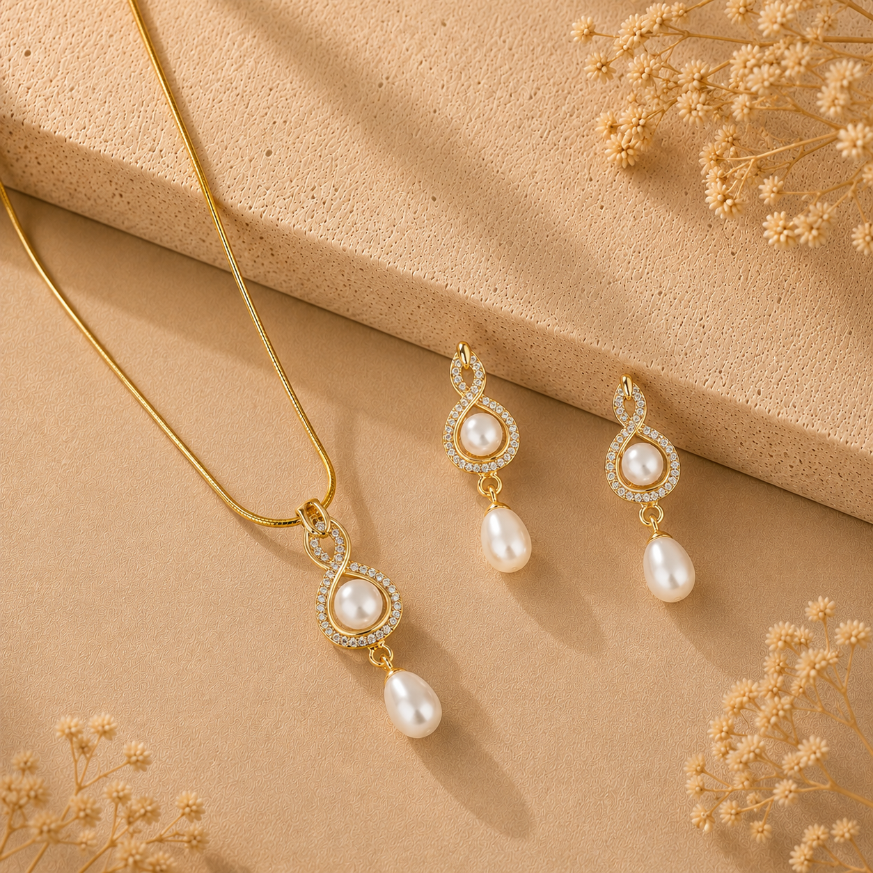 Heirloom Freshwater Pearl & CZ Earrings & Pendant Set in Gold — Style ATP-189 | Pearl Jewellery Set | Krishna Pearls & Jewellers