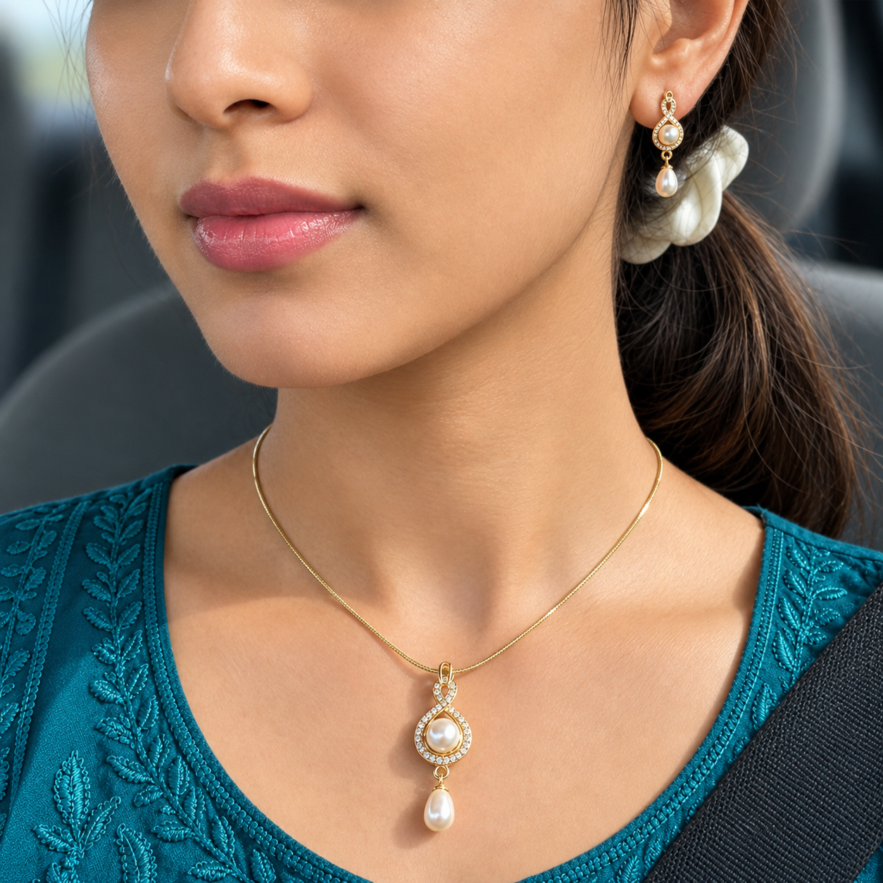 Heirloom Freshwater Pearl & CZ Earrings & Pendant Set in Gold — Style ATP-189 | Pearl Jewellery Set | Krishna Pearls & Jewellers