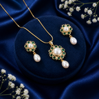 Majestic Freshwater Pearl with Green Stone Earrings & Pendant Set in Gold | Pearl Jewellery Set | Krishna Pearls & Jewellers