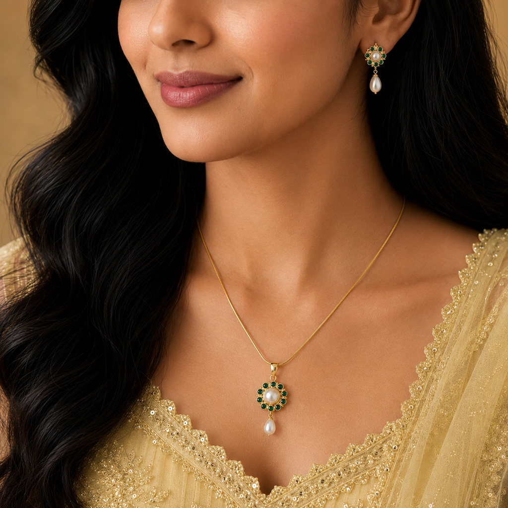 Majestic Freshwater Pearl with Green Stone Earrings & Pendant Set in Gold | Pearl Jewellery Set | Krishna Pearls & Jewellers