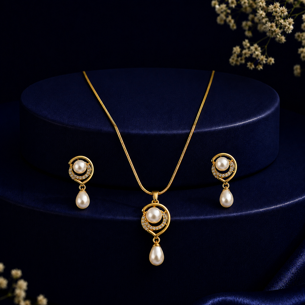 Opulent Freshwater Pearl & CZ Earrings & Pendant Set in Gold | Pearl Jewellery Set | Krishna Pearls & Jewellers