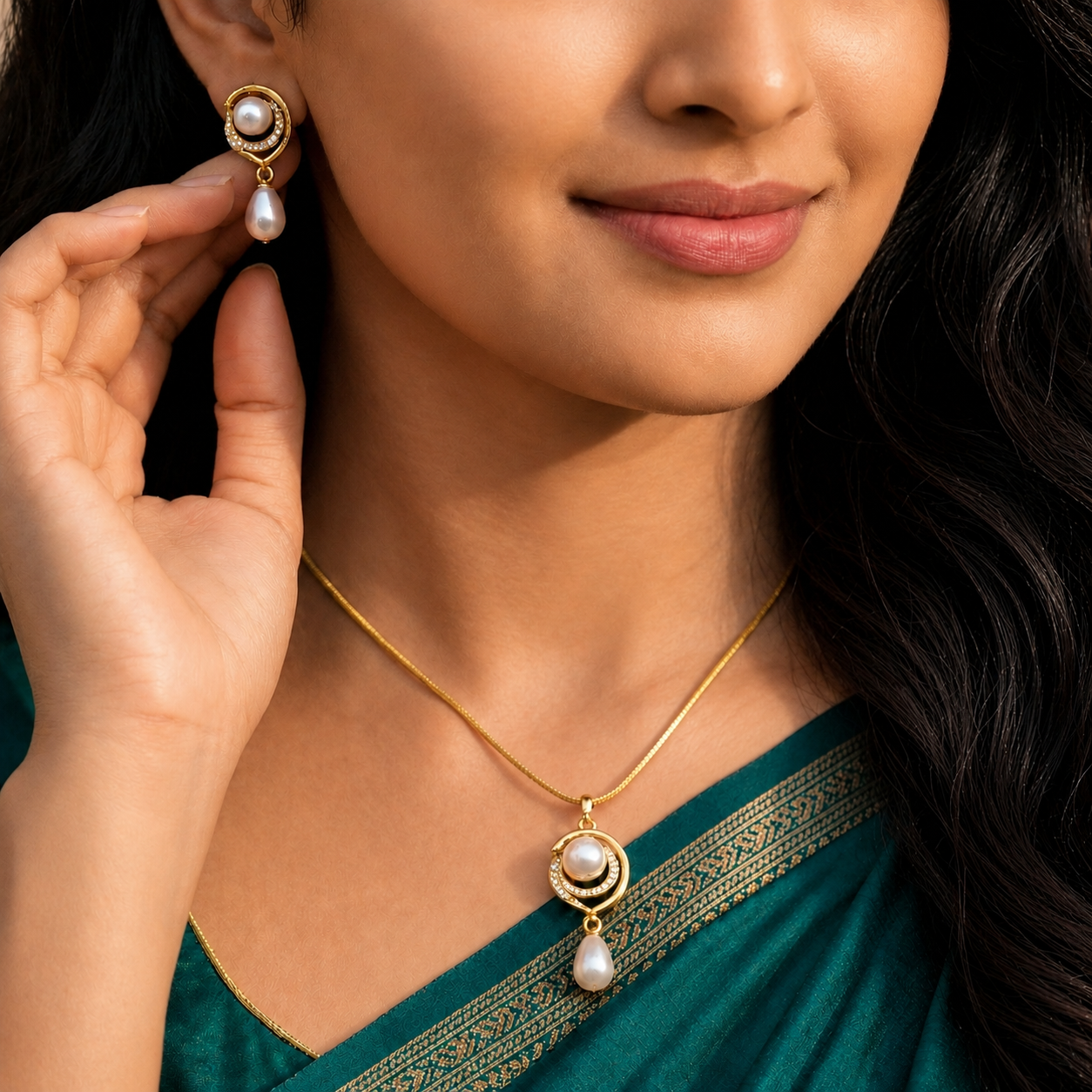 Opulent Freshwater Pearl & CZ Earrings & Pendant Set in Gold | Pearl Jewellery Set | Krishna Pearls & Jewellers
