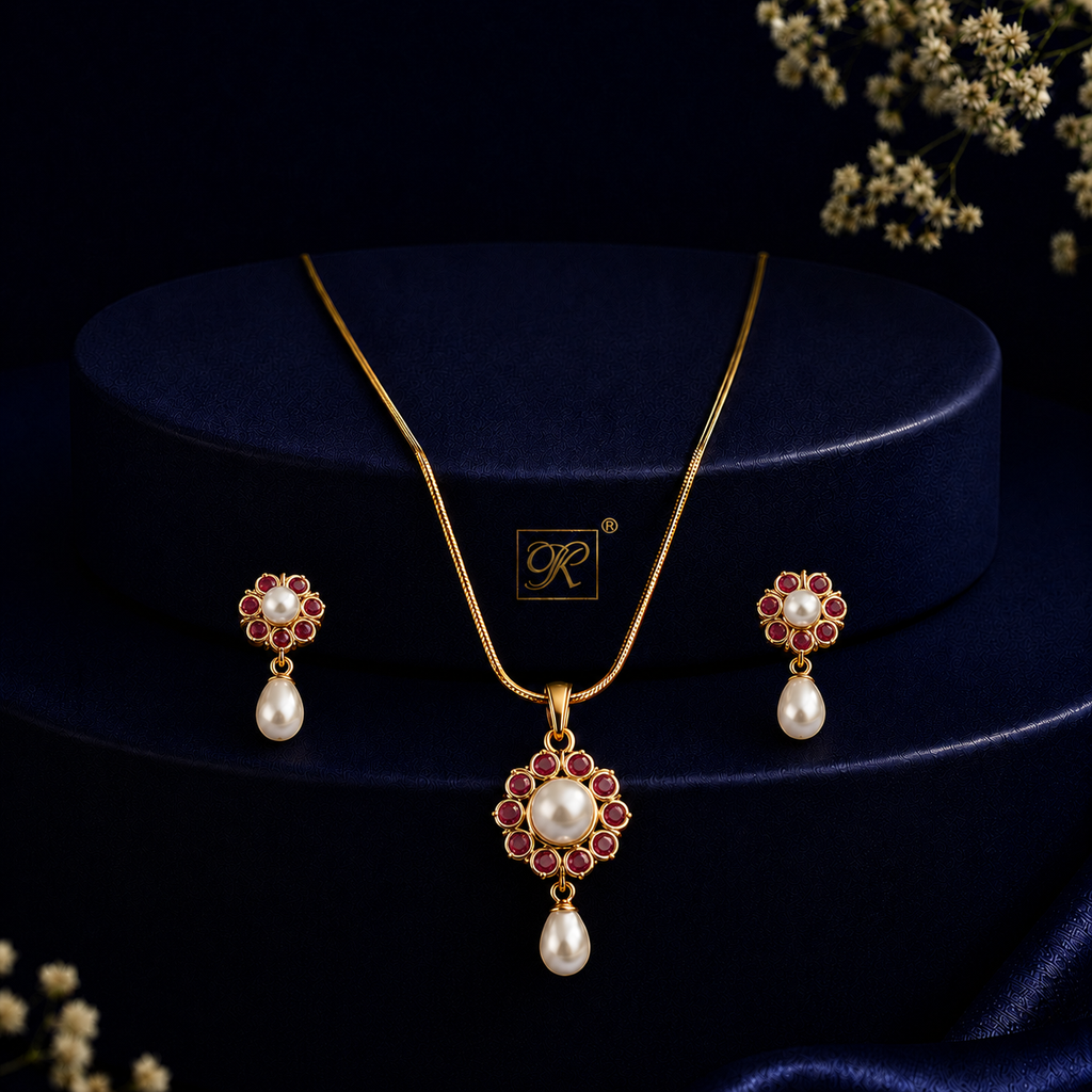 Heritage Freshwater Pearl with Red Stone Earrings & Pendant Set in Gold | Pearl Jewellery Set | Krishna Pearls & Jewellers