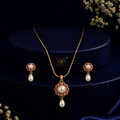 Heritage Freshwater Pearl with Red Stone Earrings & Pendant Set in Gold | Pearl Jewellery Set | Krishna Pearls & Jewellers