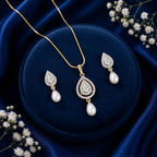 Elite Freshwater Pearl & CZ Earrings & Pendant Set in Gold | Pearl Jewellery Set | Krishna Pearls & Jewellers