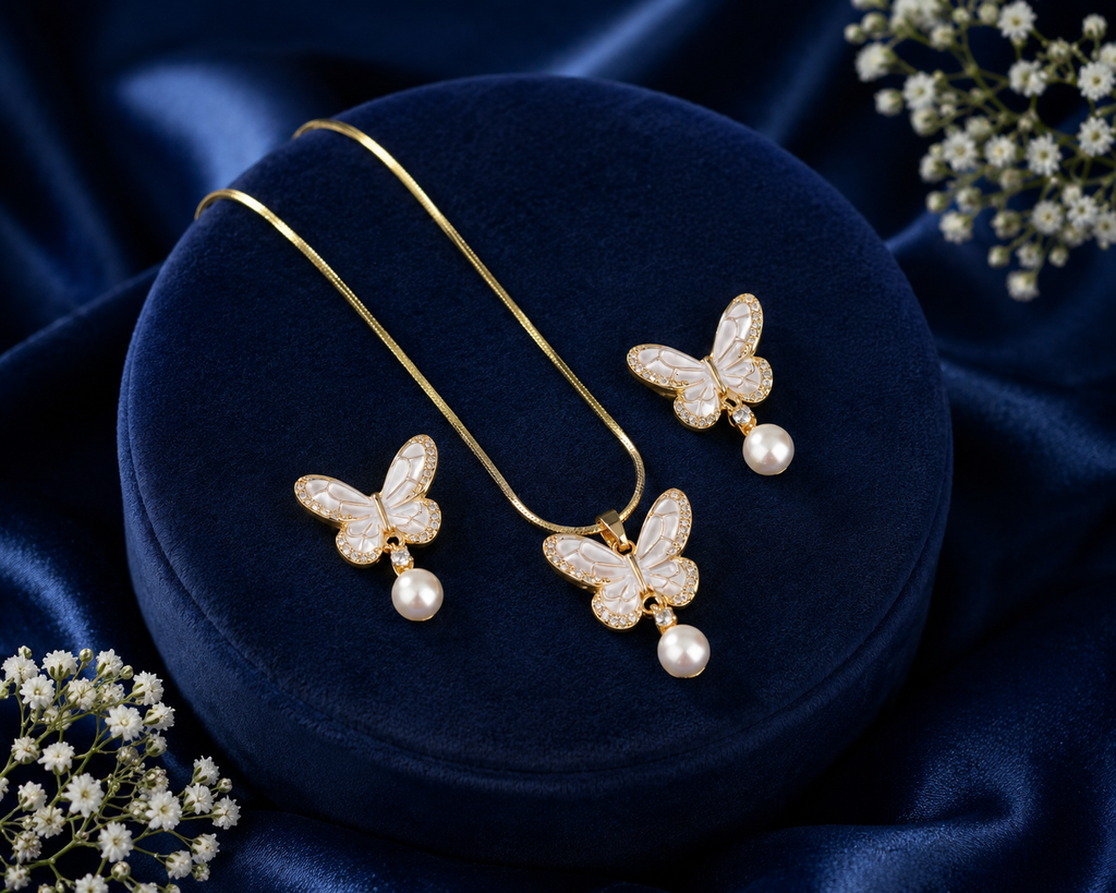 Majestic Mother of Pearl & CZ Earrings & Pendant Set in Gold | Pearl Jewellery Set | Krishna Pearls & Jewellers