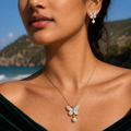 Majestic Mother of Pearl & CZ Earrings & Pendant Set in Gold | Pearl Jewellery Set | Krishna Pearls & Jewellers