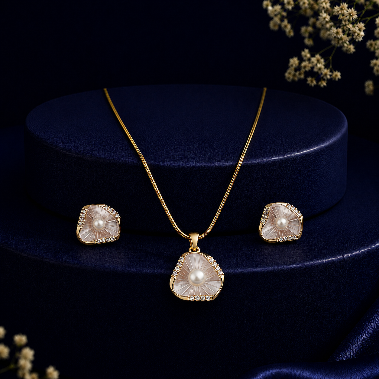 Elite Mother of Pearl & CZ Earrings & Pendant Set in Gold | Pearl Jewellery Set | Krishna Pearls & Jewellers
