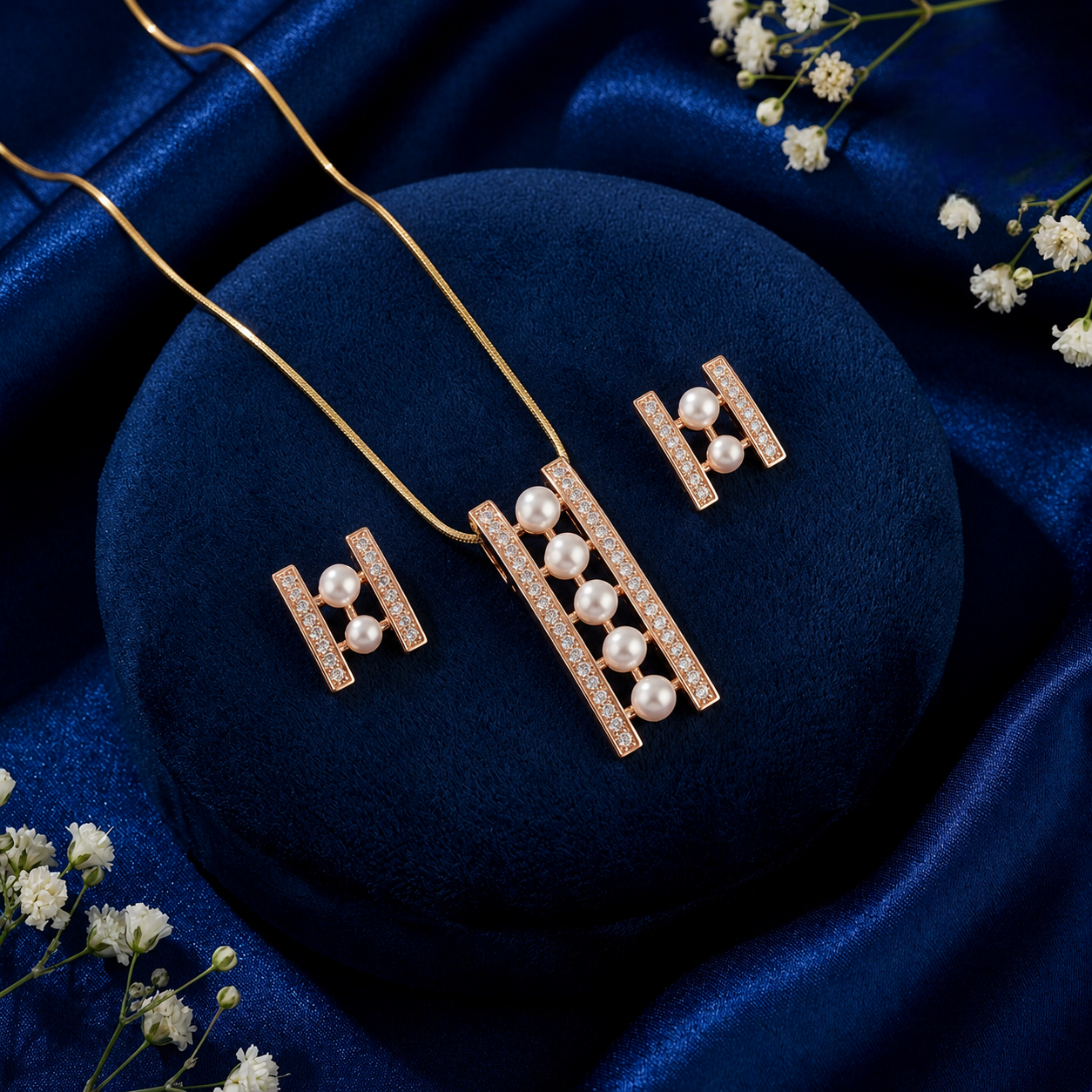 Mastercraft Mother of Pearl & CZ Earrings & Pendant Set in Gold | Pearl Jewellery Set | Krishna Pearls & Jewellers