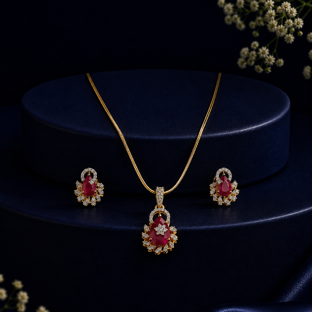 Elite Semi-Precious Pearl with CZ & Red Stone Earrings & Pendant Set in Gold | Pearl Jewellery Set | Krishna Pearls & Jewellers