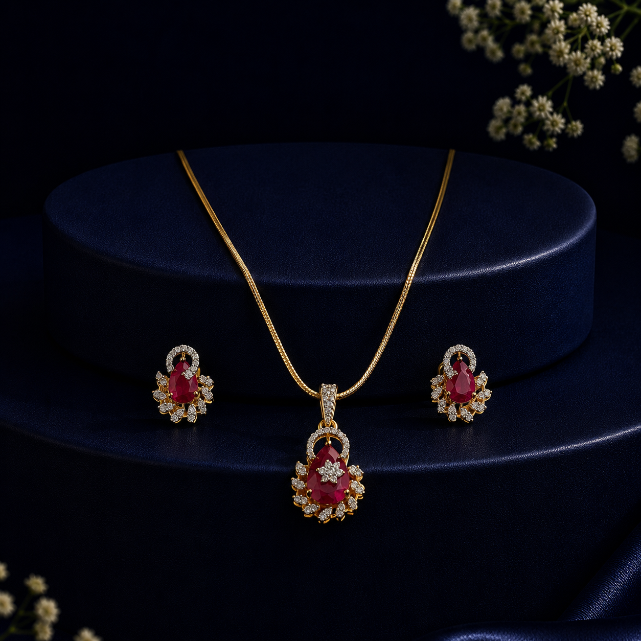 Elite Semi-Precious Pearl with CZ & Red Stone Earrings & Pendant Set in Gold | Pearl Jewellery Set | Krishna Pearls & Jewellers