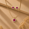 Heritage Semi-Precious Pearl with CZ & Red Stone Earrings & Pendant Set in Gold | Pearl Jewellery Set | Krishna Pearls & Jewellers