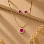 Heritage Semi-Precious Pearl with CZ & Red Stone Earrings & Pendant Set in Gold | Pearl Jewellery Set | Krishna Pearls & Jewellers