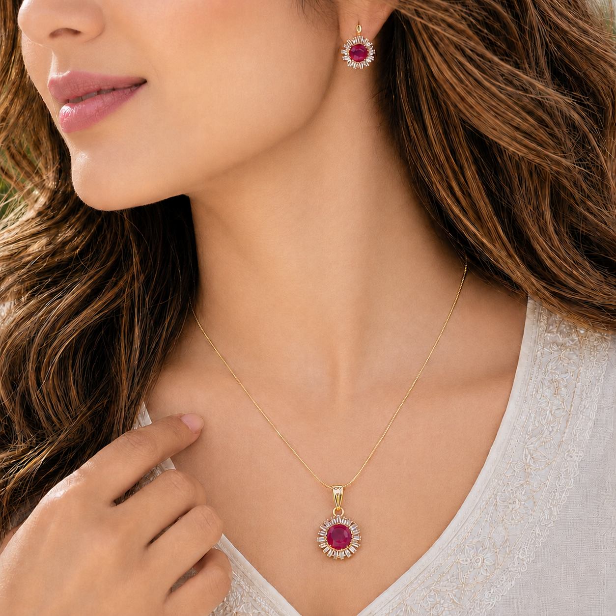 Heritage Semi-Precious Pearl with CZ & Red Stone Earrings & Pendant Set in Gold | Pearl Jewellery Set | Krishna Pearls & Jewellers