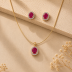 Grand Semi-Precious Pearl with CZ & Red Stone Earrings & Pendant Set in Gold | Pearl Jewellery Set | Krishna Pearls & Jewellers