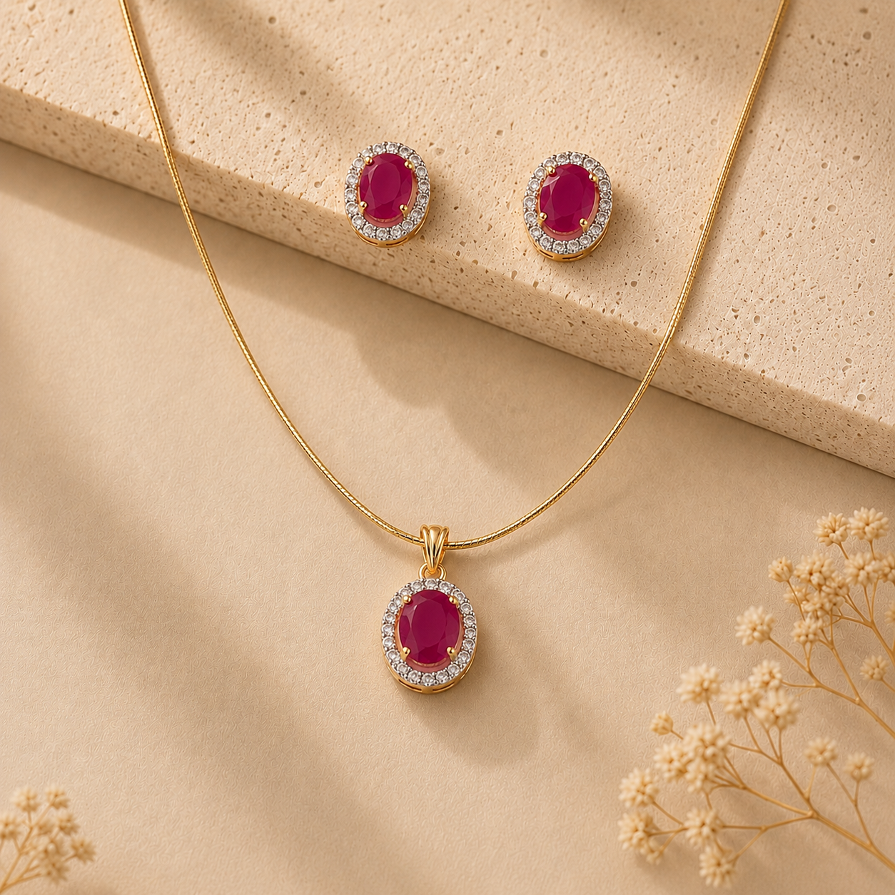 Grand Semi-Precious Pearl with CZ & Red Stone Earrings & Pendant Set in Gold | Pearl Jewellery Set | Krishna Pearls & Jewellers