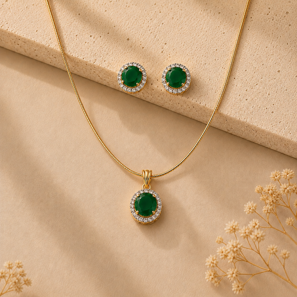 Grand Semi-Precious Pearl with CZ & Green Stone Earrings & Pendant Set in Gold | Pearl Jewellery Set | Krishna Pearls & Jewellers