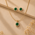 Grand Semi-Precious Pearl with CZ & Green Stone Earrings & Pendant Set in Gold | Pearl Jewellery Set | Krishna Pearls & Jewellers