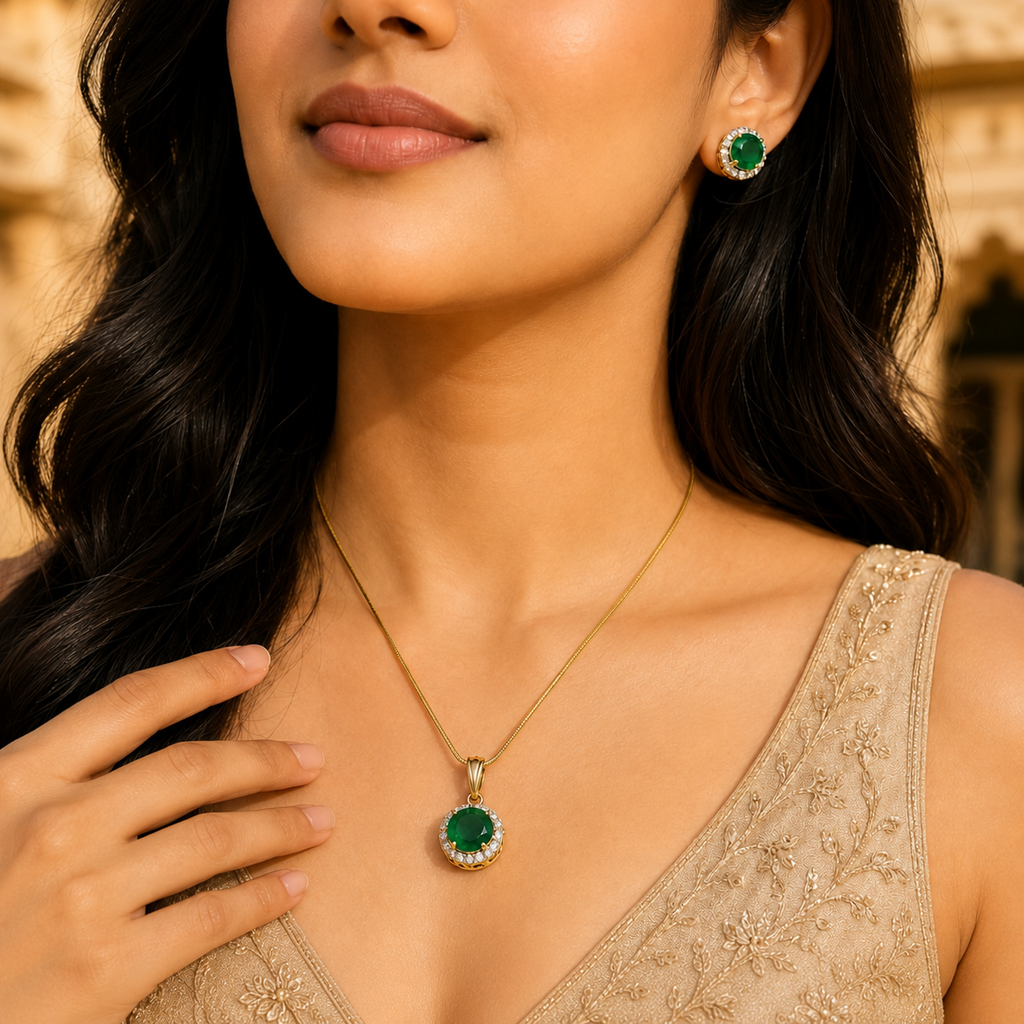 Grand Semi-Precious Pearl with CZ & Green Stone Earrings & Pendant Set in Gold | Pearl Jewellery Set | Krishna Pearls & Jewellers