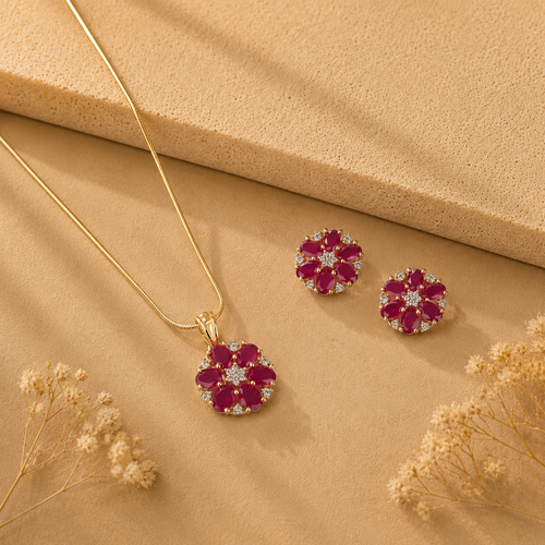 Couture Semi-Precious Pearl with CZ & Red Stone Earrings & Pendant Set in Gold | Pearl Jewellery Set | Krishna Pearls & Jewellers