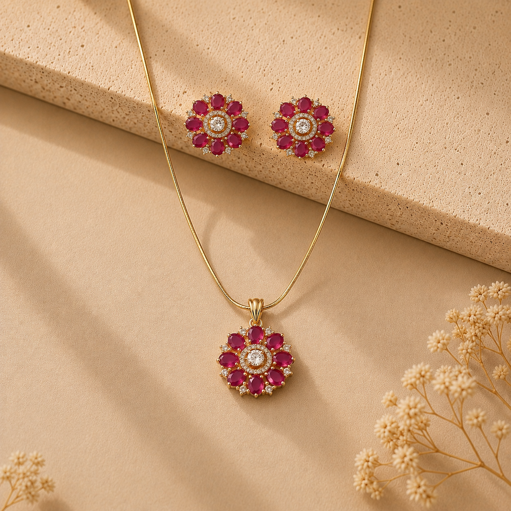 Pinnacle Semi-Precious Pearl with CZ & Red Stone Earrings & Pendant Set in Gold | Pearl Jewellery Set | Krishna Pearls & Jewellers