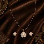 Golden Petal White Pearl Pendant & Earrings — view 1 — pearl jewellery — Krishna Pearls Hyderabad