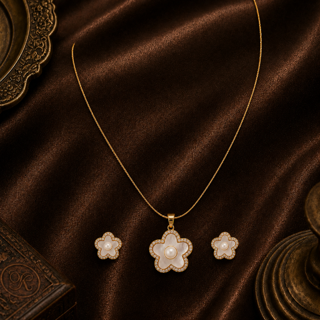 Golden Petal White Pearl Pendant & Earrings | Krishna Pearls and Jewellers