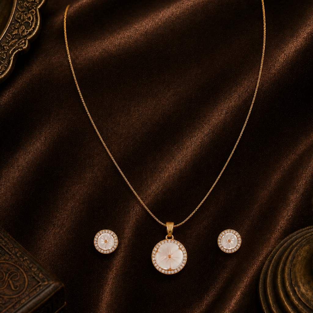 Golden Floral Glow Pendant & Earrings Set | Krishna Pearls and Jewellers