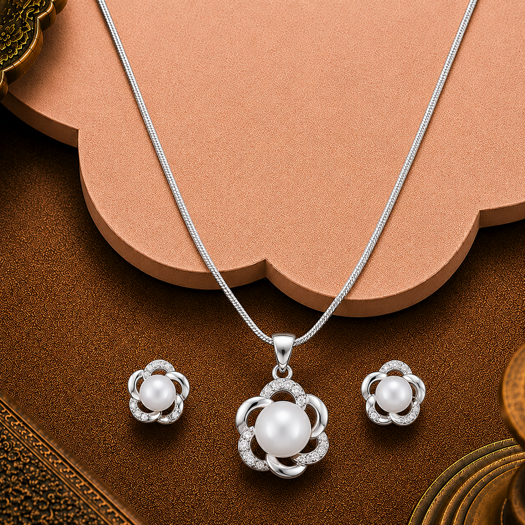 Silver Bloom Pearl Set Freshwater Pearl — view 2 — pearl jewellery — Krishna Pearls Hyderabad