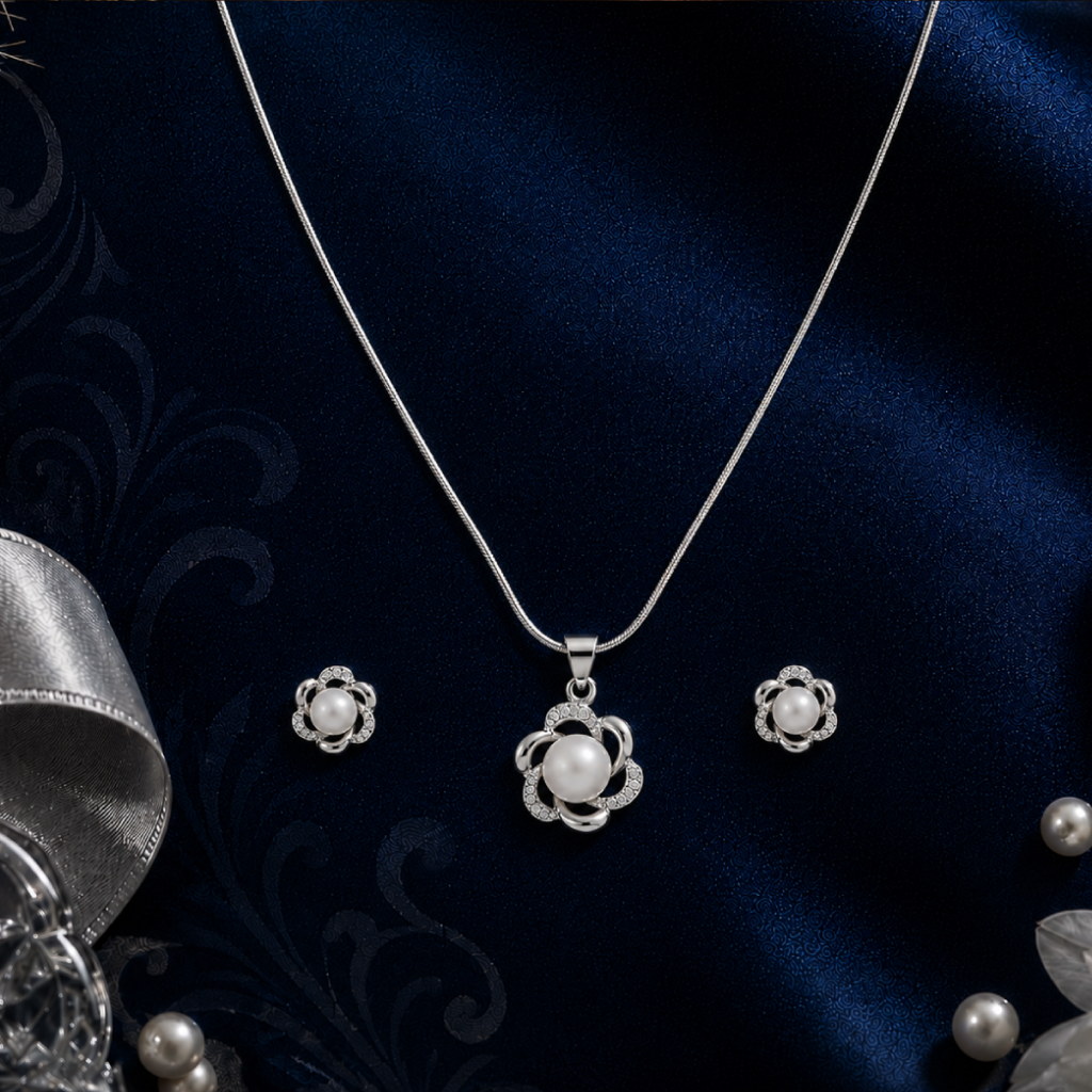 Silver Bloom Pearl Set Freshwater Pearl | Krishna Pearls and Jewellers