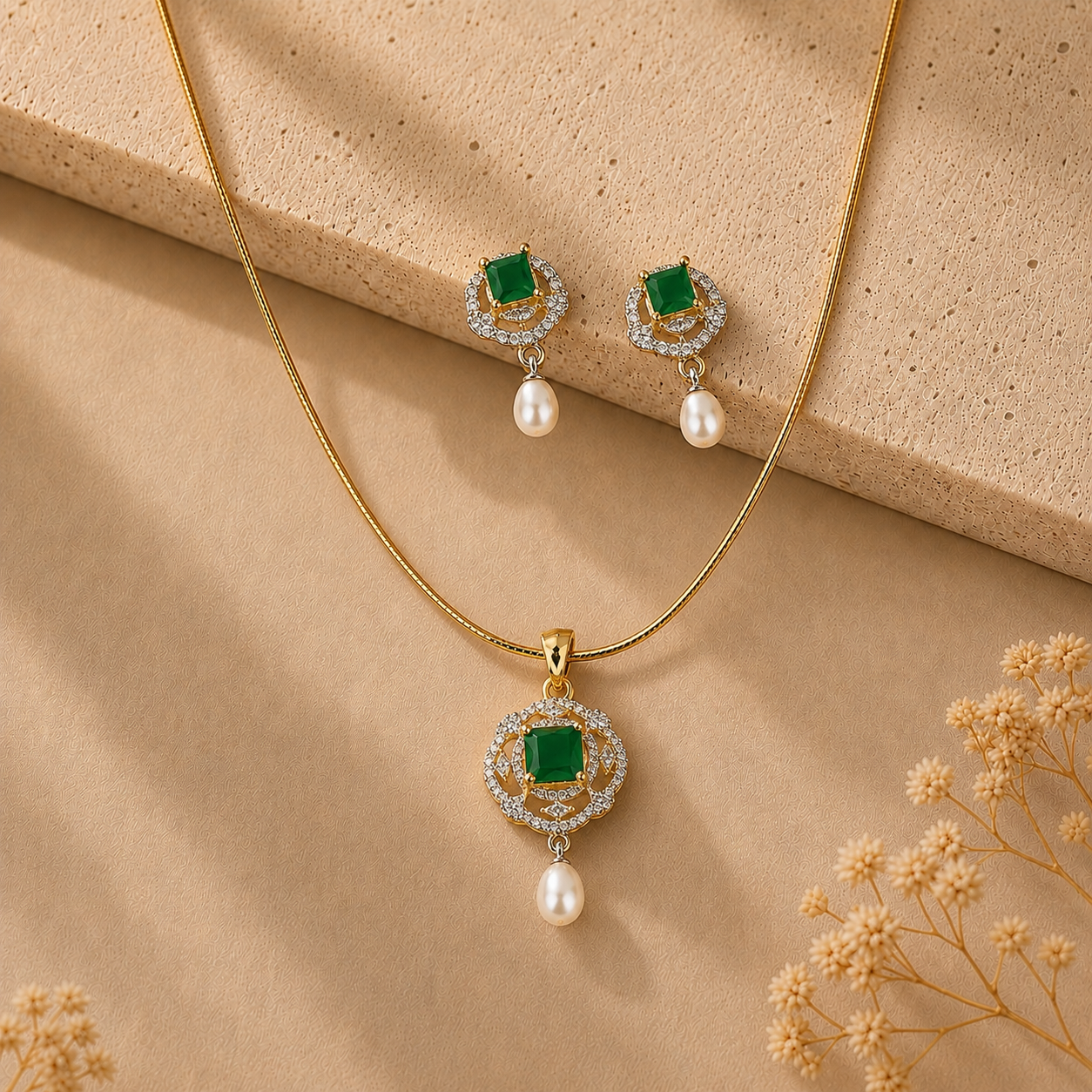 Majestic Freshwater Pearl with CZ & Green Stone Earrings & Pendant Set in Gold | Pearl Jewellery Set | Krishna Pearls & Jewellers