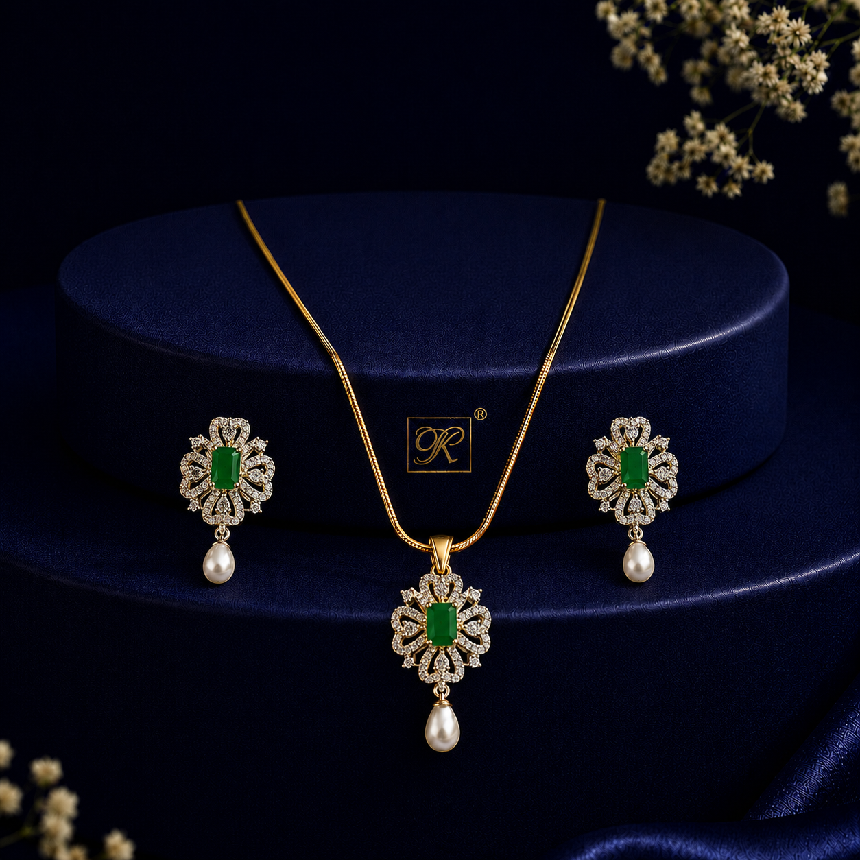 Elite Freshwater Pearl with CZ & Green Stone Earrings & Pendant Set in Gold | Pearl Jewellery Set | Krishna Pearls & Jewellers