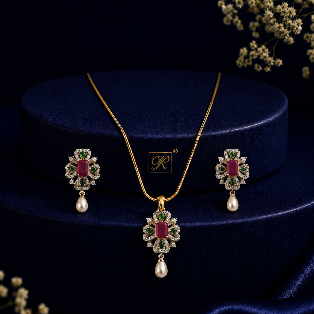 Elite Freshwater Pearl with CZ & Multi Stone Earrings & Pendant Set in Gold | Pearl Jewellery Set | Krishna Pearls & Jewellers