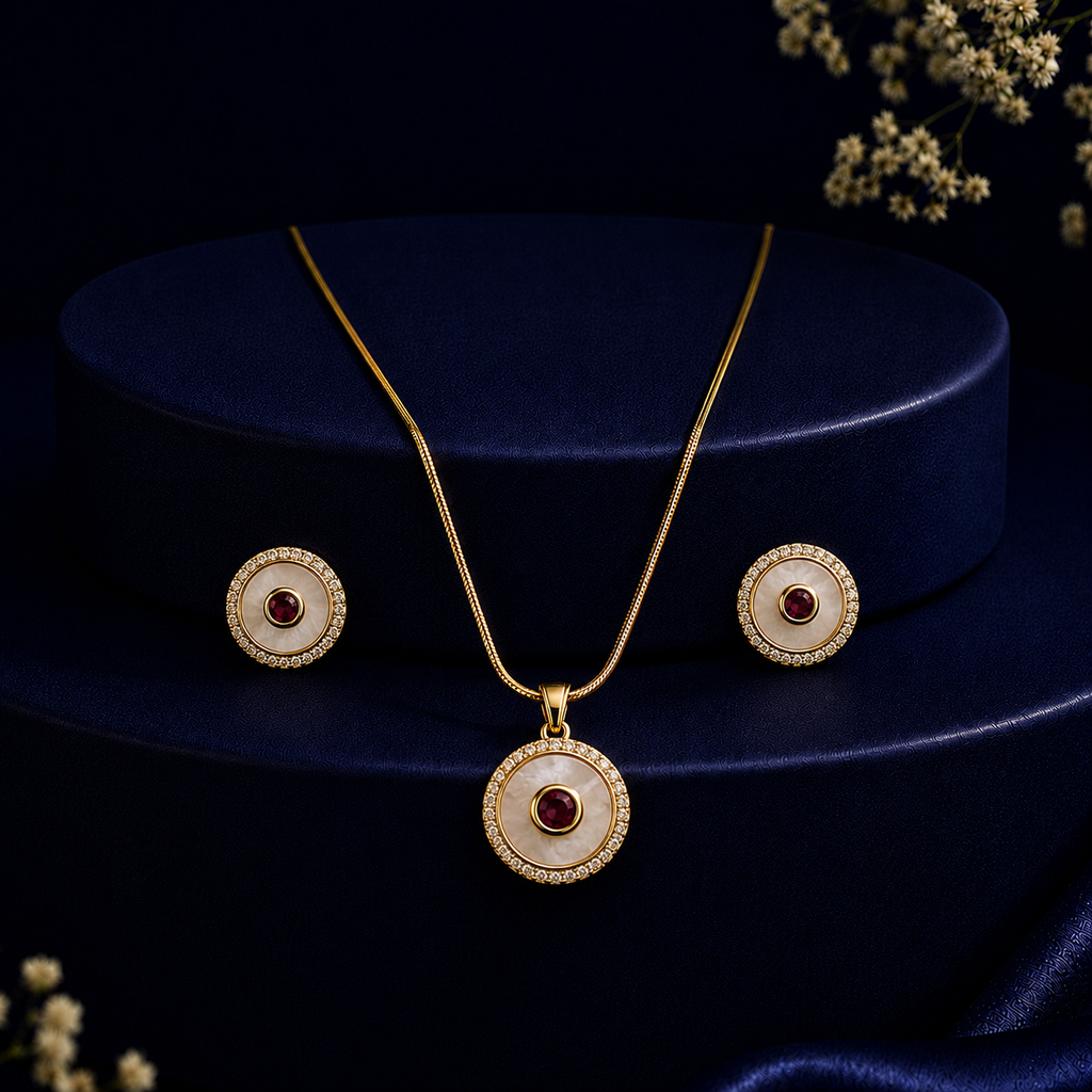 Pinnacle Freshwater Pearl with CZ & Red Stone Earrings & Pendant Set in Gold | Pearl Jewellery Set | Krishna Pearls & Jewellers