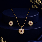 Pinnacle Freshwater Pearl with CZ & Red Stone Earrings & Pendant Set in Gold | Pearl Jewellery Set | Krishna Pearls & Jewellers