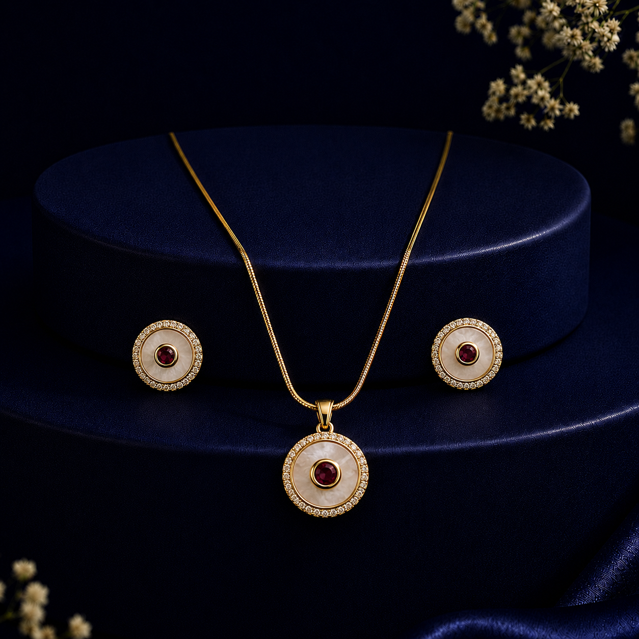 Pinnacle Freshwater Pearl with CZ & Red Stone Earrings & Pendant Set in Gold | Pearl Jewellery Set | Krishna Pearls & Jewellers