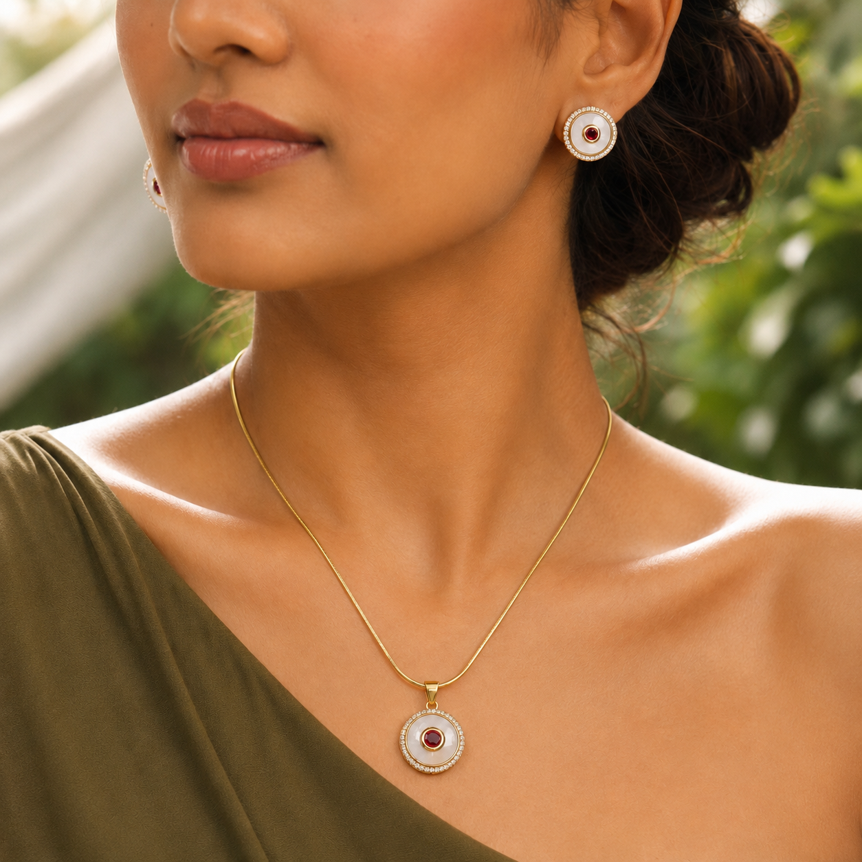 Pinnacle Freshwater Pearl with CZ & Red Stone Earrings & Pendant Set in Gold | Pearl Jewellery Set | Krishna Pearls & Jewellers